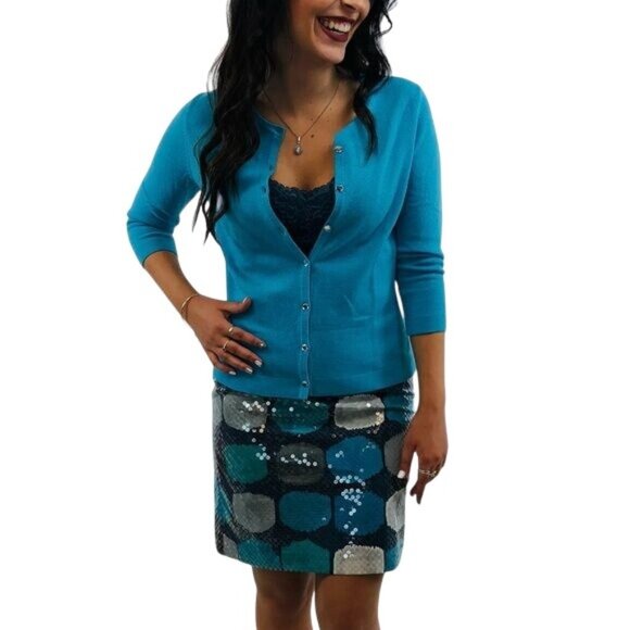 Ann Taylor Blue, Gray & Navy Sequin A-Line Mini Skirt • Office Siren Corpcore - Picture 2 of 16